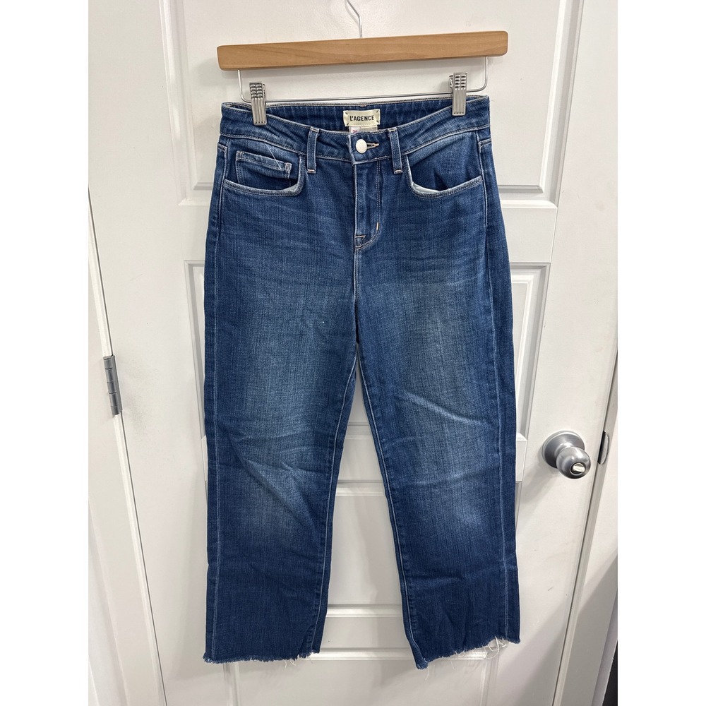 LAGENCE Women High Rise Straight Leg Raw Hem Blue Jeans Size 24 Made in USA